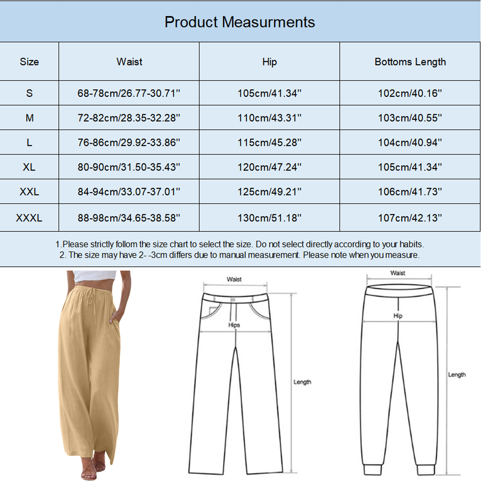 thumbnail image 3 of Pantalones de cintura alta y pierna ancha para mujer - Elástico con cordón, pierna recta cómoda, con bolsillos, 3 of 6